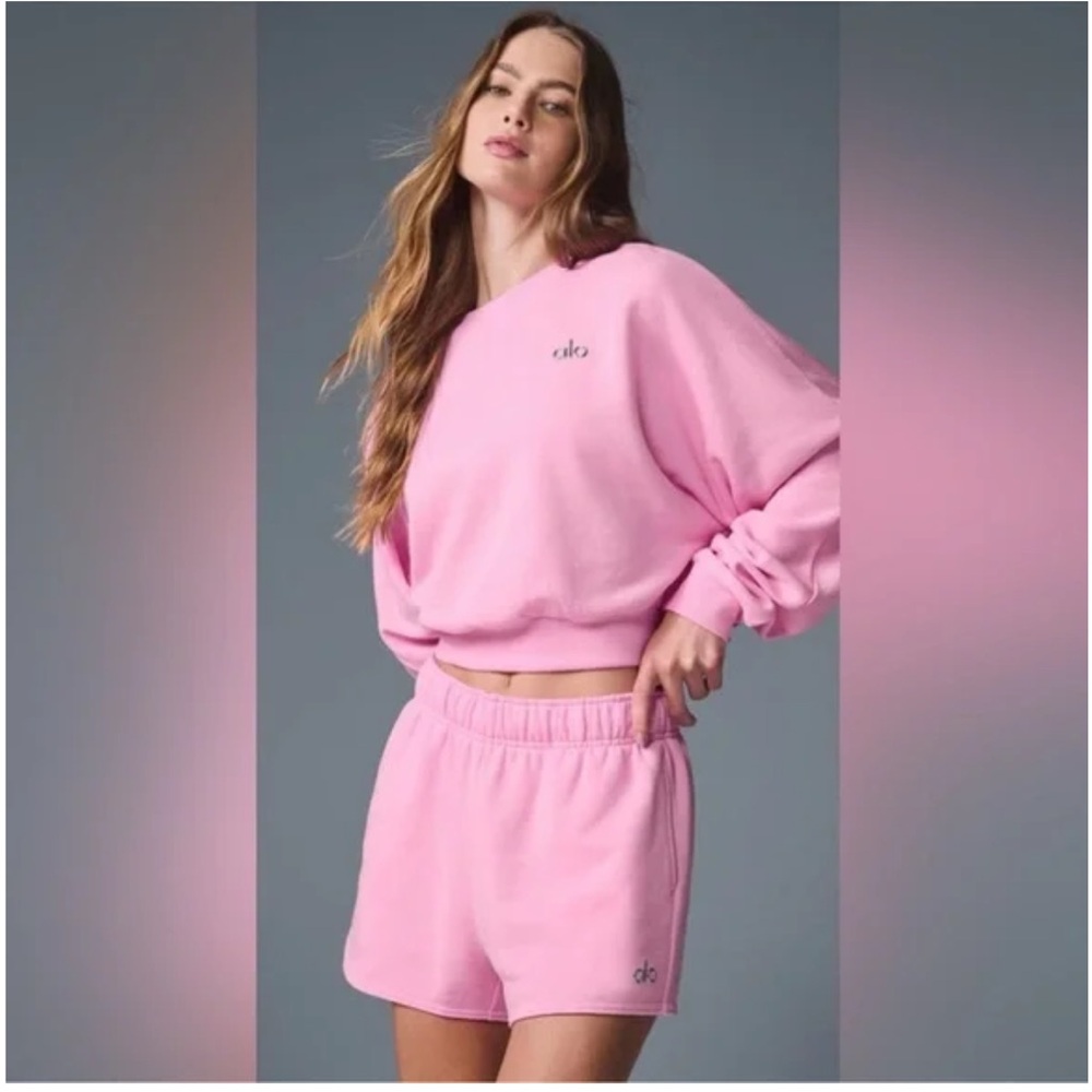 Alo Pink Accolade Crew & Shorts Set (like candy heart pink that just launched)